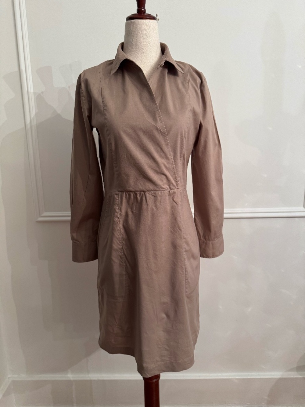 Theory Giania Shirt Dress Cotton Stretch Long Sleeve Faux Wrap Collared Taupe 0